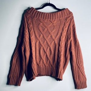 Chunky Knit Cropped Sweater Open Neck/One Shoulder